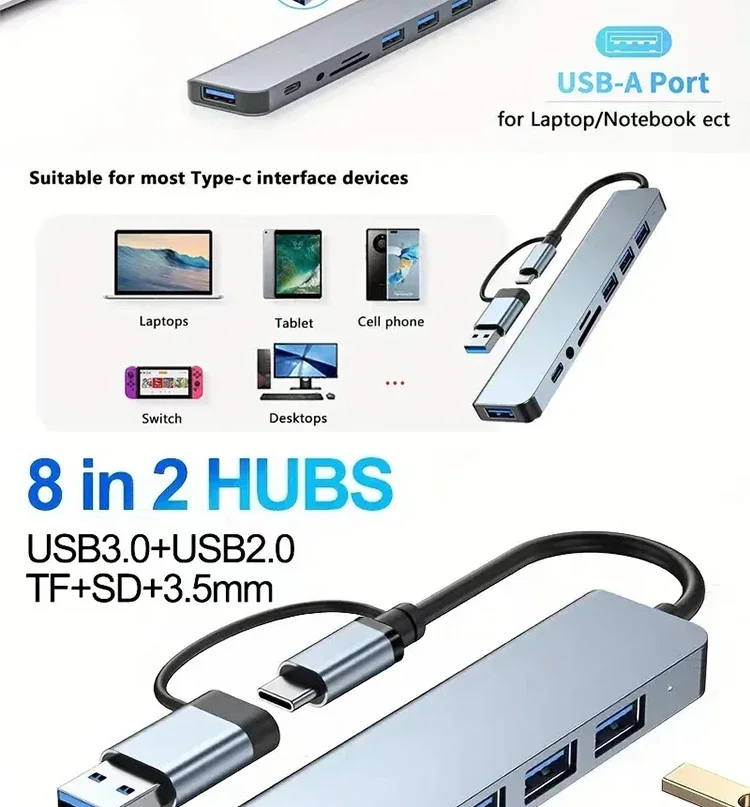 8-in-1 Usb-c Hub With Sd Tf Card Reader And Usb Port For Laptop_voghion.com