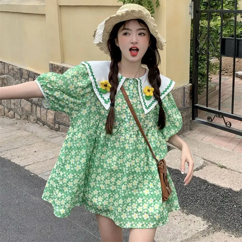 

Korean Style Maternity Summer Blouses Sweet Peter Pan Collar Pregnant Woman Floral Mini Dress Green Pregnancy Clothes Wholesale