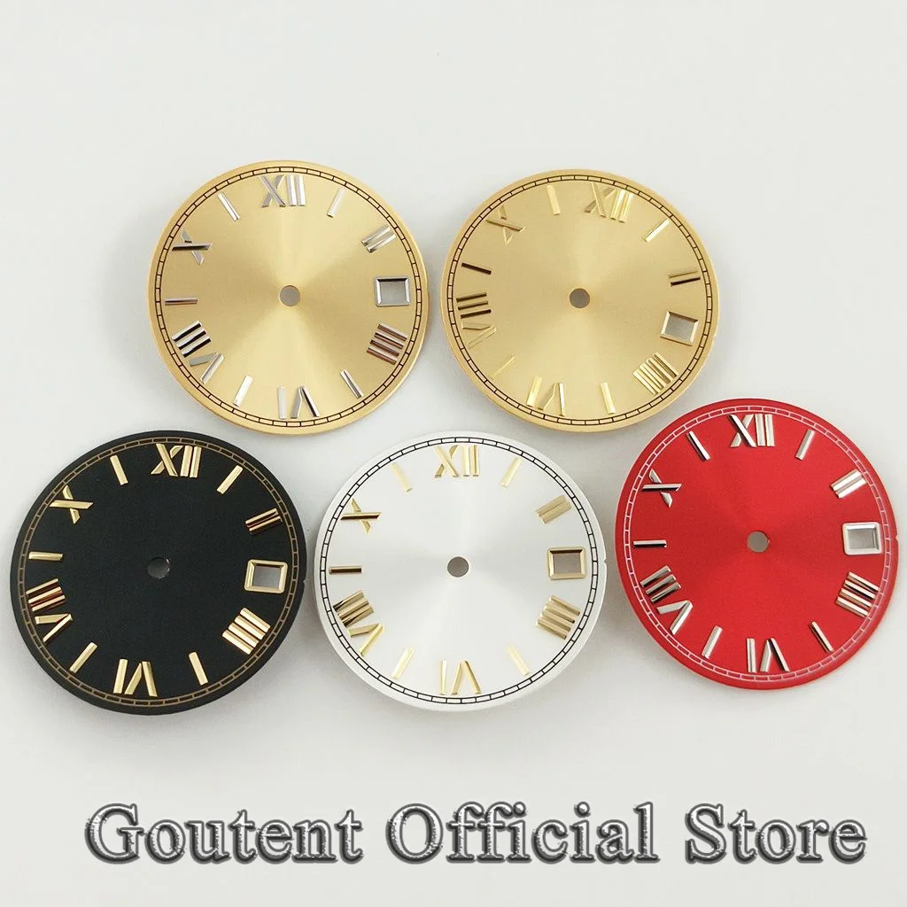 Watch Face Accessories Watch Dial Accessories Goutent 28.5mm Roman Numeral Black Blue Green Red Sterile Watch Dial Fit NH35 Movement Calendar Window