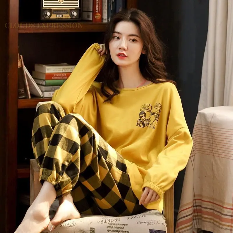 Autumn Sleep Lounge Pajama Long Sleeved Top Polka Dots Women Pajama Sets Cartoon Pyjamas Cotton Sleepwear Women M L XL XXL XXXL women pajamas set,cotton pajamas set