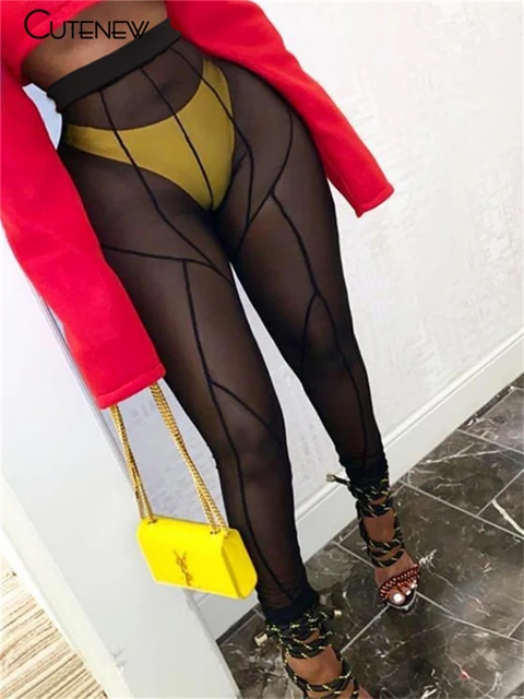 Cutenew Mesh See Through Patchwork Women Pants Hot Sexy High Waist