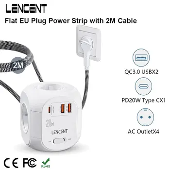 LENCENT Flat EU Plug Power Strip Cube with 4AC Outlets +2 QC3.0 USB+ 1Type C PD20W Fast Charging 2M/3M Braided Cable For Home 1