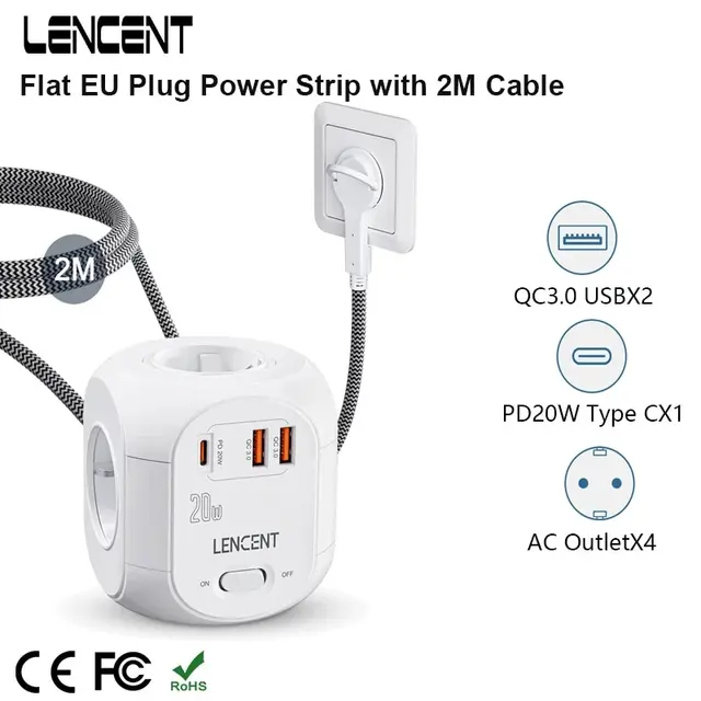LENCENT Flat EU Plug Power Strip Cube with 4AC Outlets +2 QC3.0 USB+ 1Type C PD20W Fast Charging 2M/3M Braided Cable For Home 1