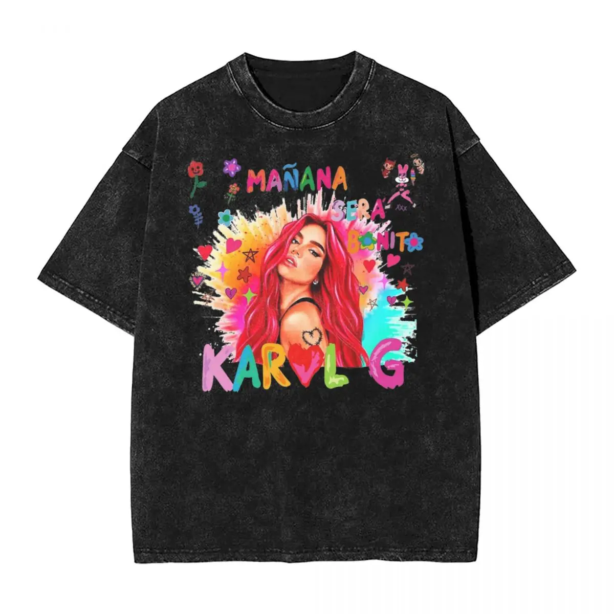 

Washed T Shirts Karol G Bichota Music Singer Hip Hop Fashion T-Shirt Oversize Streetwear Cotton Graphic Tops Tees for Men Women