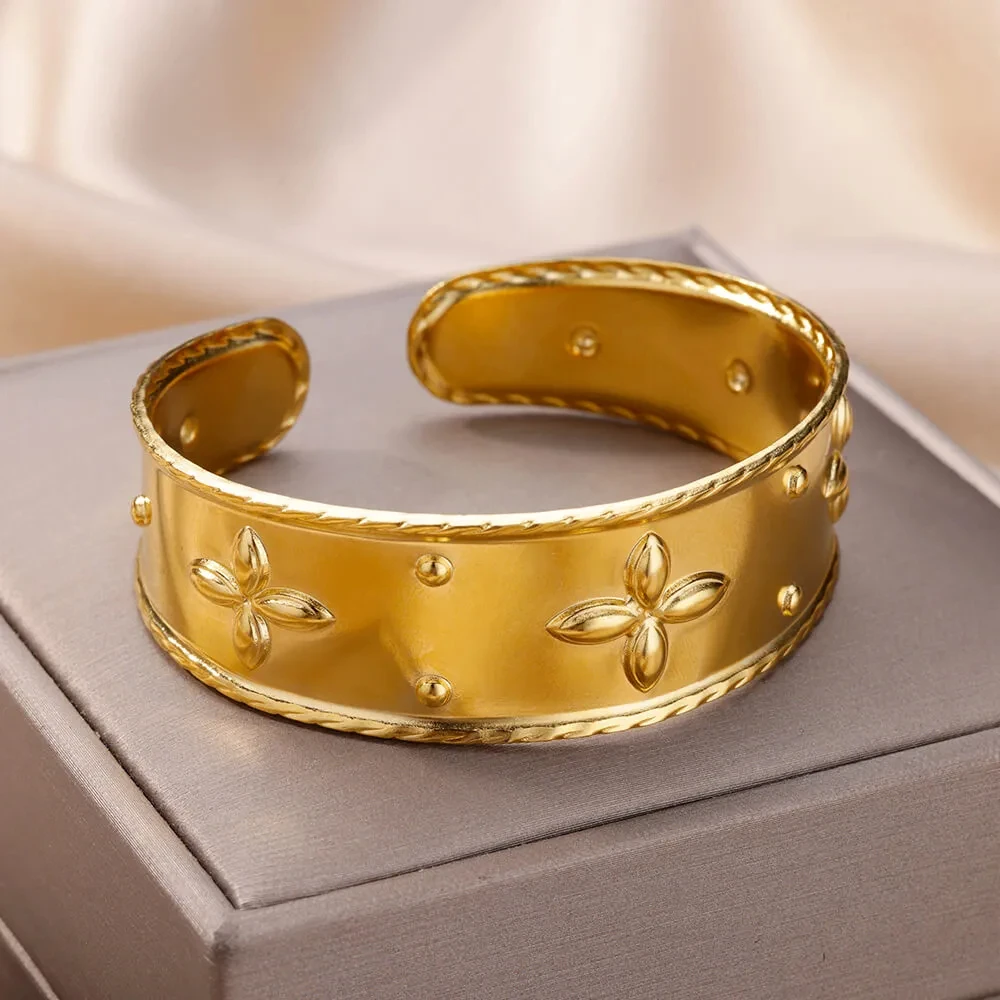 Cross Flower Bangles Bracelet for Women Stainless Steel Gold Plated