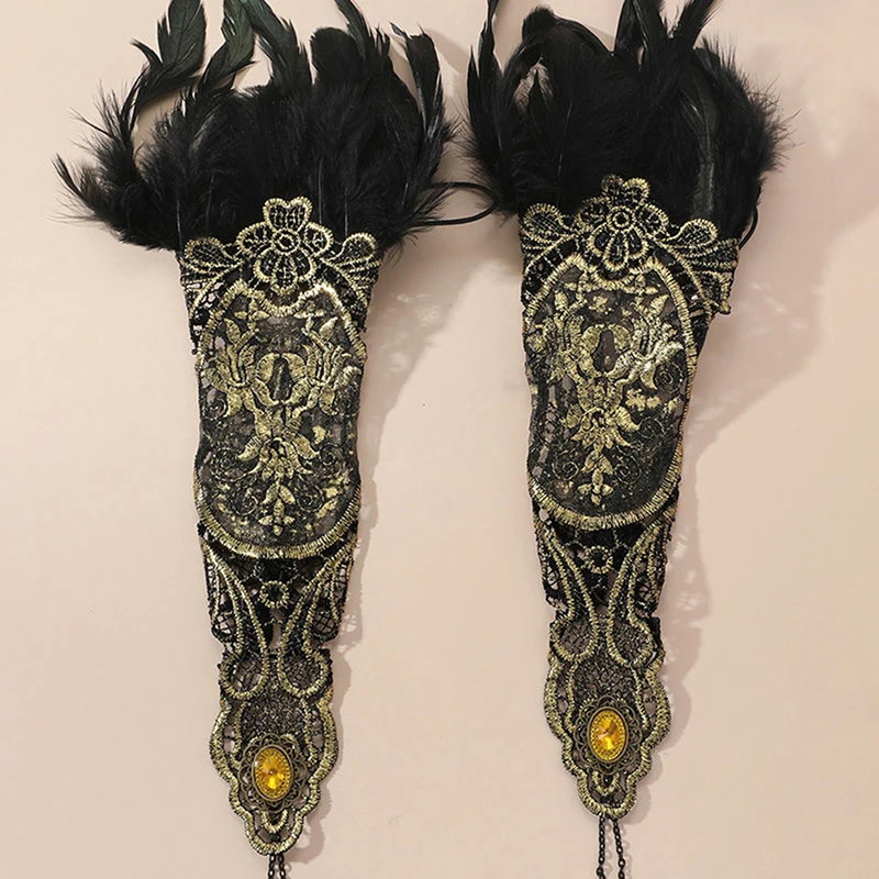 Gants gothiques en plumes dorées pour femmes, dentelle exagérée, résille, bracelet long, gants sans doigts sexy, accessoires de fête
