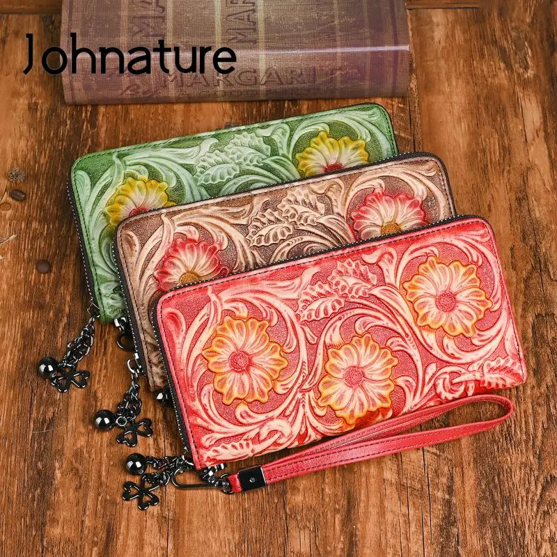 

Johnature 2022 New Genuine Leather Women Wallets Retro Embossing Wallet Card Holder Natural Real Cowhide Ladies Clutch Bags