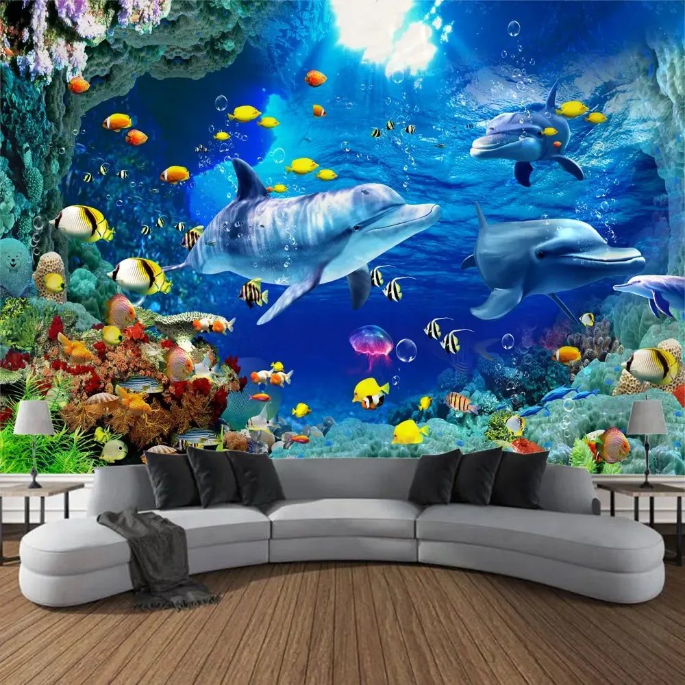 Undersea print pattern tapestry psychedelic room wall hanging cloth ocean coral dolphin home decoration cartoon mural cloth