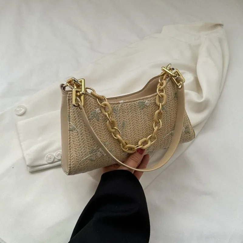 Elegant Shoulder Bags for Women High Quality Embroidery Underarm Handbags Weaven PU  Leather Armpit Purse Bag