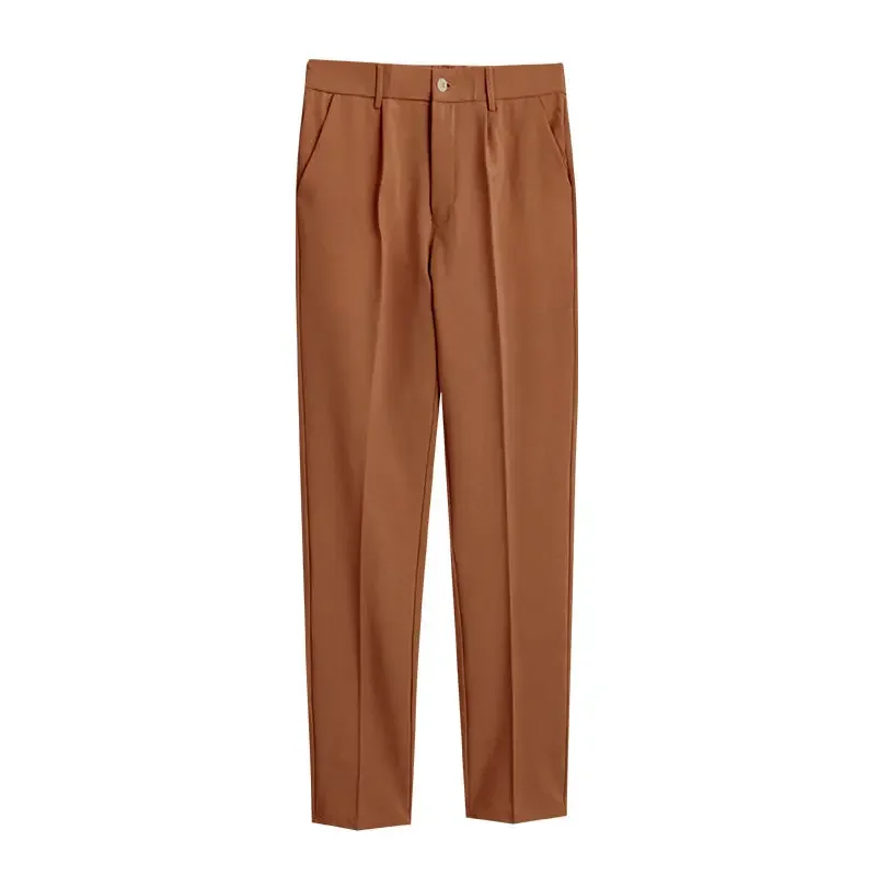 thumbnail image 1 of Pantalones de oficina rectos y elásticos de 9 pulgadas recortados para hombre, pantalones de trabajo para hombre, pantalones de traje elásticos con trenzas, ajustados, baratos, para vestir, informales, 1 of 5