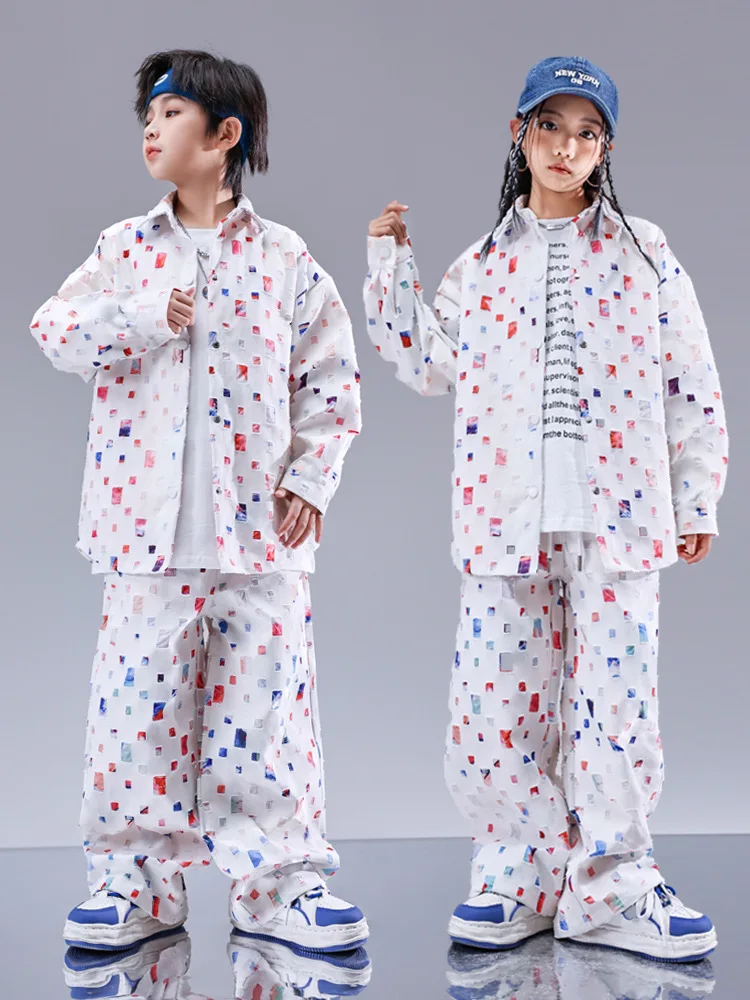 Kids Kpop Hip Hop Clothing Starry Sky Print with Hole Suit Streetwear Top Cargo Pants for Girls Boys Jazz Dance Costume Clothes
