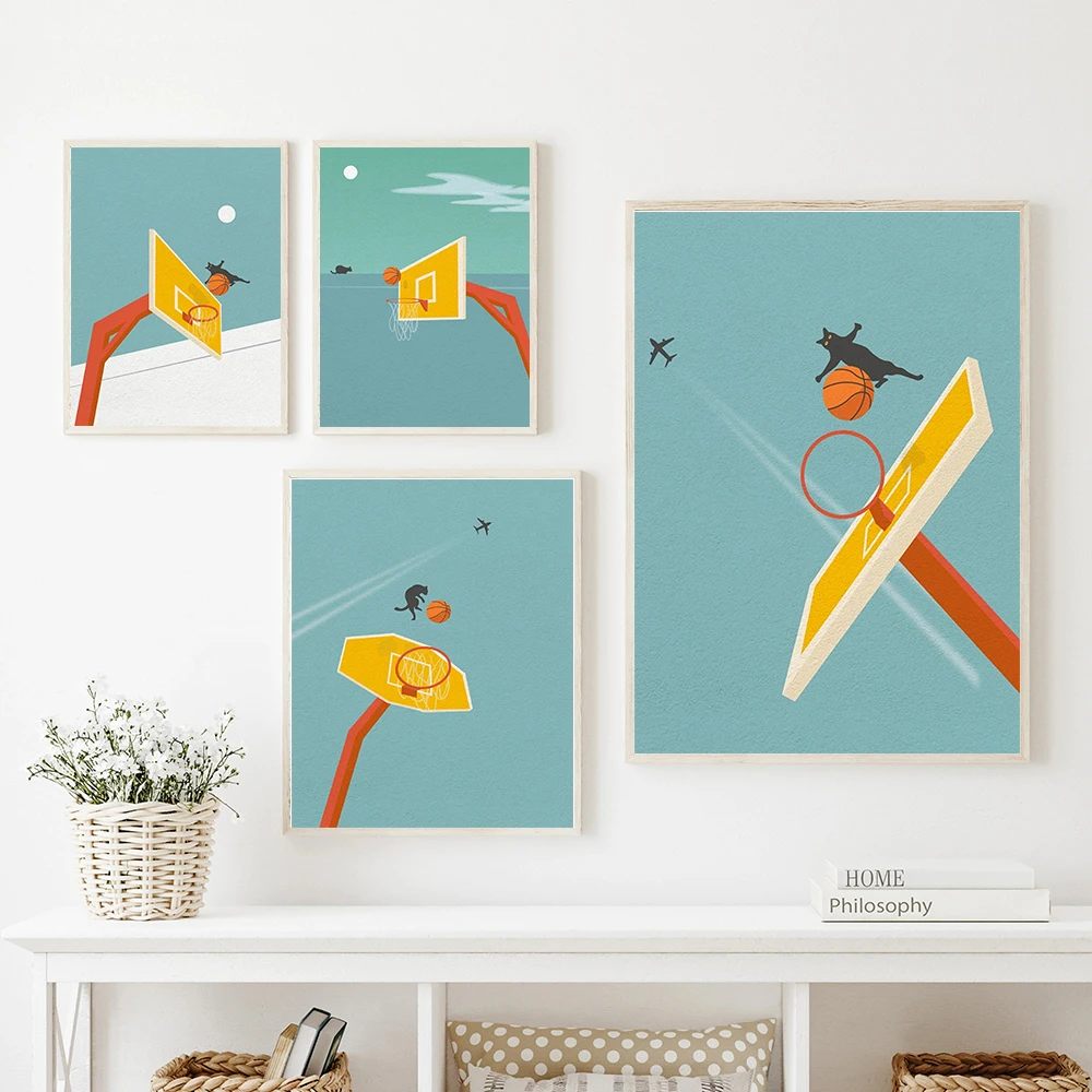 

Cartoon Modern Motion Sports Basketball Art Poster Print Abstract Black Cat Fresh Weekend Game Canvas Painting Room Home Decor