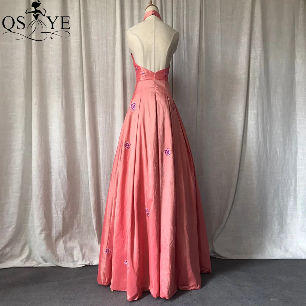 Puffy A line Pink Prom Dresses Embroidery Flower Peach Evening Gown High Neck Open Back Party Gown Box PleatVintage Taffeta Gown plus size prom dresses