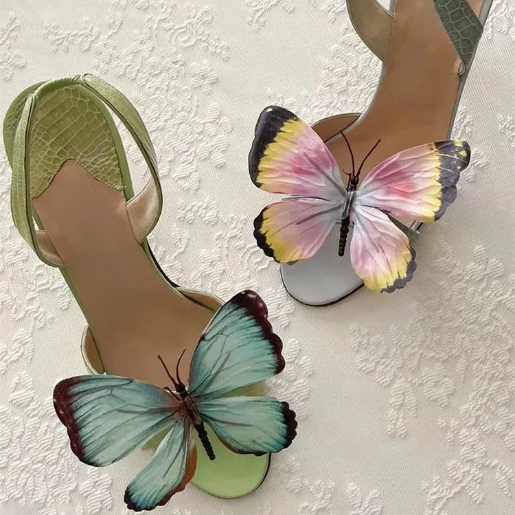 Colorful Butterfly Decorative Sandals for Women Thin Heels Open Toe High Heels Women's Summer Sandalias De Mujer Verano 2024