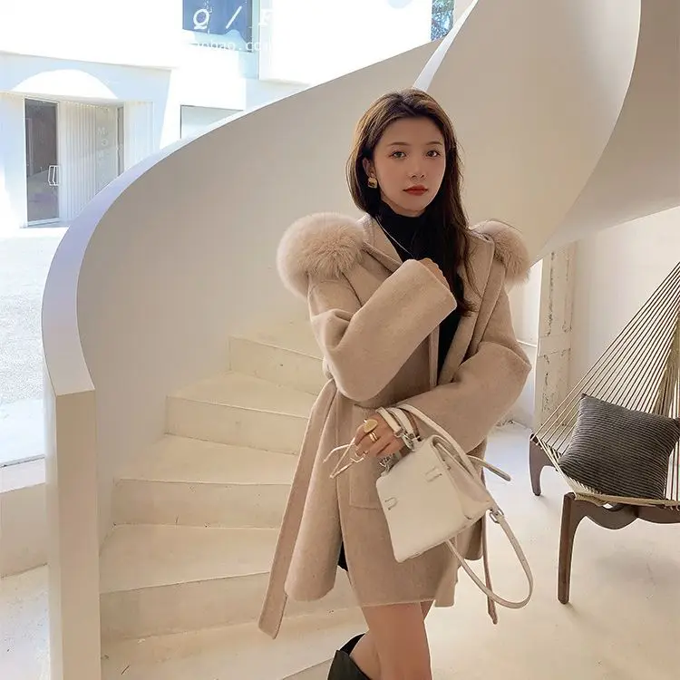 

Autumn And Winter New Fox Fur Collar Double-Sided Cashmere Coat For Women, Medium Length And Young Style Hooded And Tied Woolen