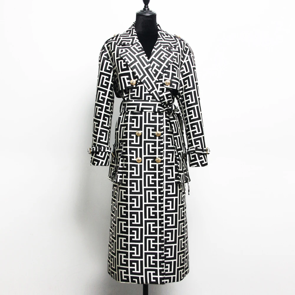 

High Quality 2023 New Spring Autumn Women Windbreaker with Belt Elegant Double-breasted Geometric Pattern Long Trench Coat Tide