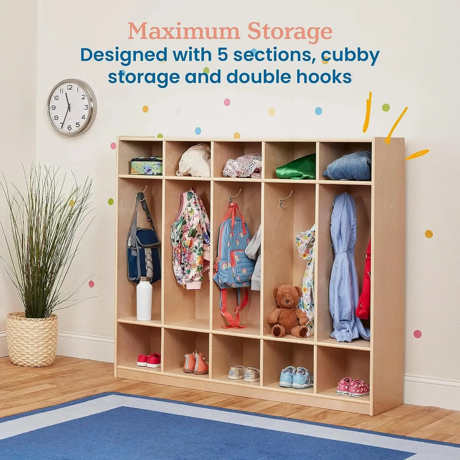 5-Section Straight Coat Locker, Classroom Furniture, Natural 3