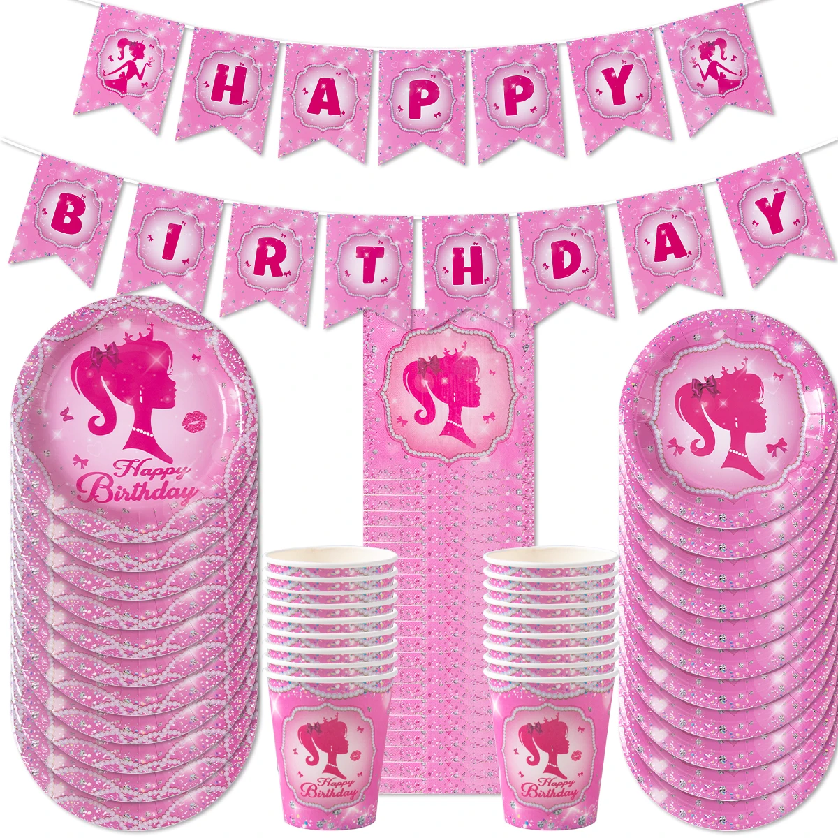 Birthday Tableware Set Birthday Party Supplies Party Supplies Princess Doll Theme Girl Birthday Party Disposable Tableware Set Pink Girl Paper Plate Cup Napkin for Happy Birthday Party Decor