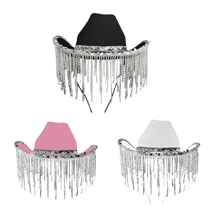 

Cowboy Hat with Sequins Rhinestones Fringe Glitter Cowgirl Hat 23" Hat Circumference Fit for Adults Women Three Color 10CF