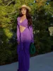 Purple Hollow Out Slim Maxi Dress Women Elegant Deep V Neck Cross Pleated Full Sleeve Long Dresses 2024 Fashion Lady Party Robes 5