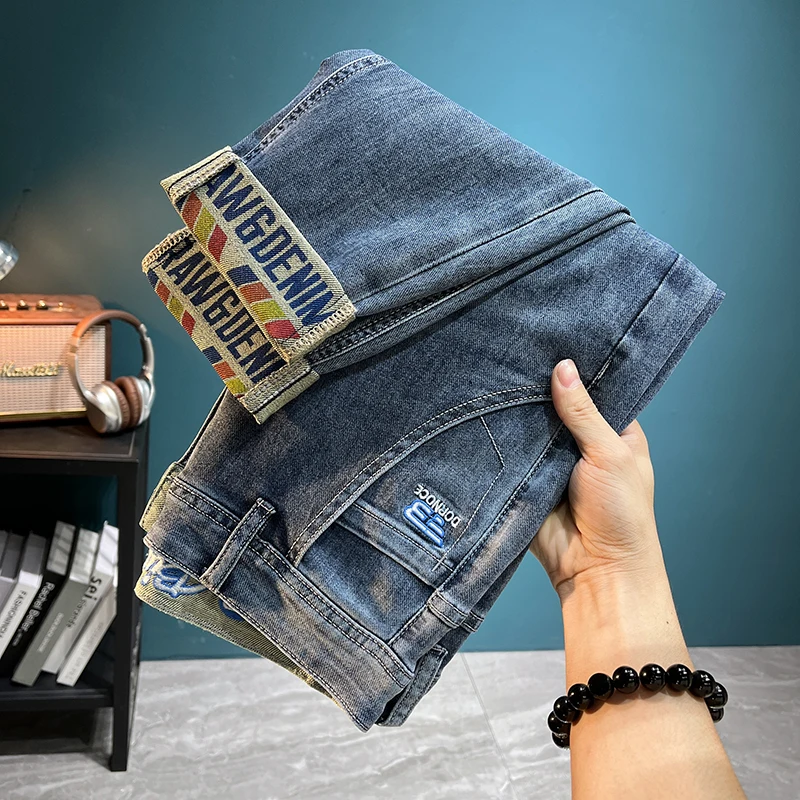 Fashionable printed slim jeans summer men's clothing fashionable all-match casual street elastic soft slim fit tapered pants