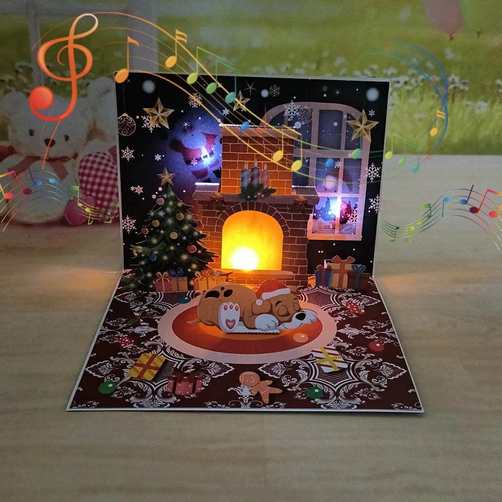 1PC Christmas Blessings Music Lights Projection Elderly Fireplace 3D Stereoscopic Greeting Card Paper Sculpture New Year Card greeting cards