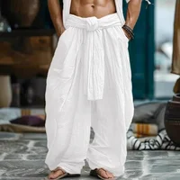 Robes ethniques décontractées en coton et lin, pantalons à jambes larges pour hommes, couleur unie, pantalons plissés confortables et tendance, Streetwear pour hommes 2