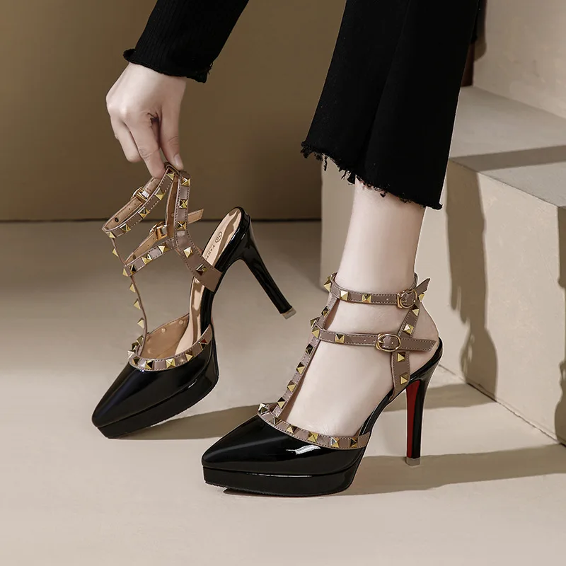 Women 10cm 12cm High Heels 2.5cm Platform Sandals Party Pumps Lady Stiletto Studded Fetish Nighclub Red Bottom Shoes 5