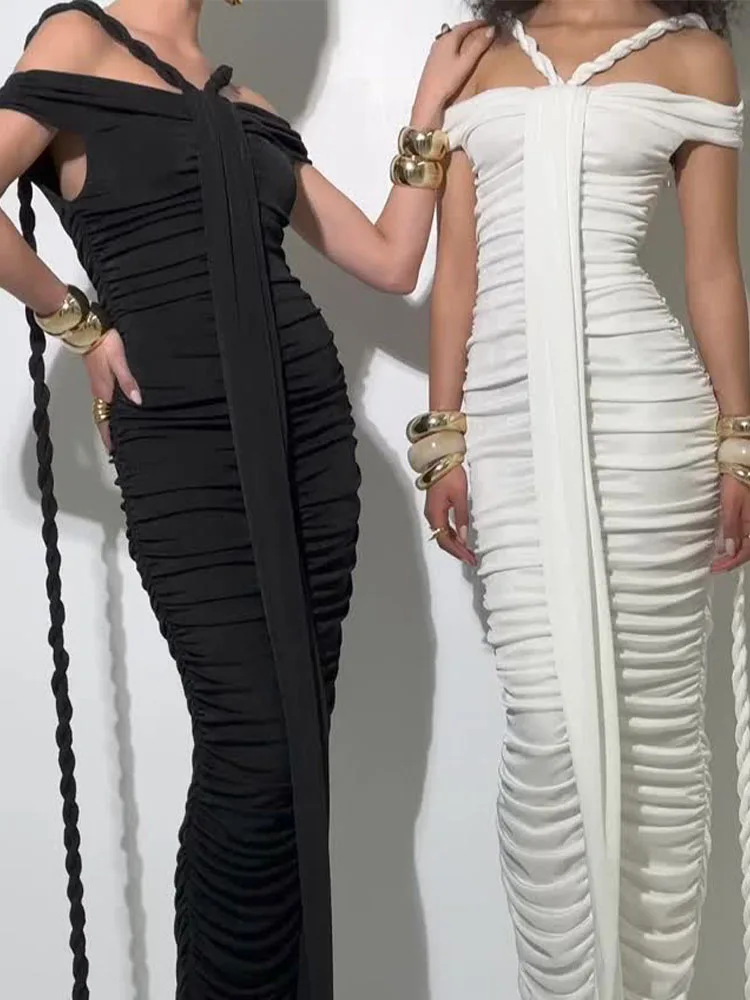 Bodycon Black Dress Elegant Braid Evening Gown for Women Off Shoulder Ruched White Long Dresses Slimming 2025 New Party Vestdio