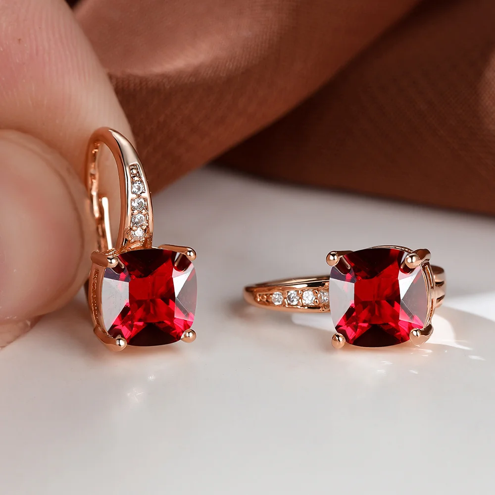 Red Crystal Zircon Square Stone Small Hoop Earrings For Women Vintage Rose Gold Color Ear Buckle Wedding Jewelry Versatile Gifts