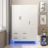 3 Door Armoire Wardrobe Closet Cabinet with Drawers and LED Lights, Multi-Tier Shelves, Hanging Rod & 3 Louver Doors 1