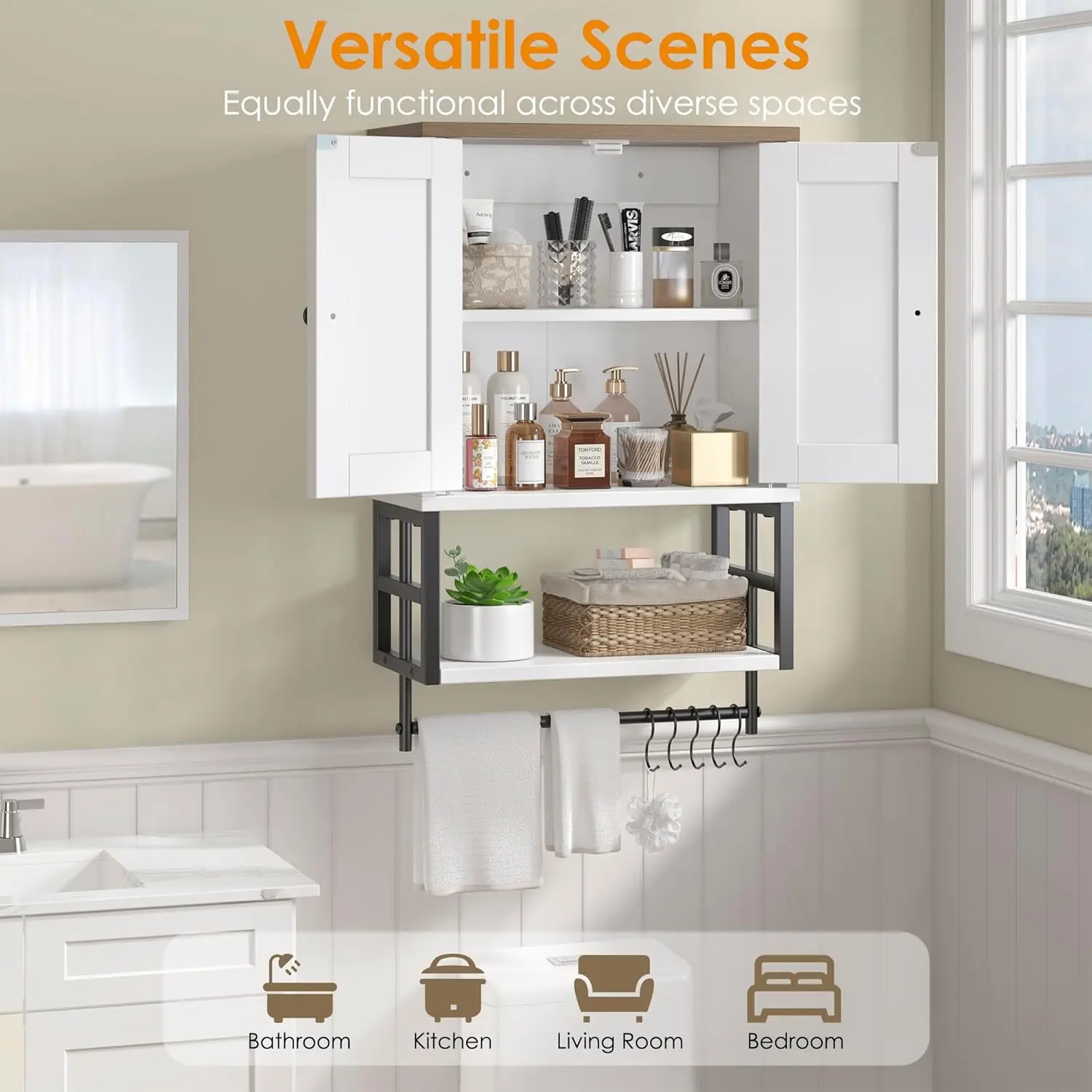 Farmhouse Medicine Cabinet for Small Bathroom Wall Mounted – 3-Tier Storage Cabinet with Adjustable Shelf & Towel Bar, 2-Door