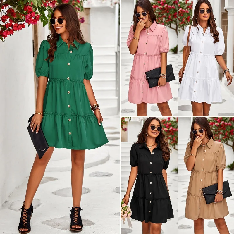 

DY-Design Solid Color Dress Summer Elegant Bubble Sleeve Skirt