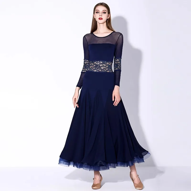 New Adult Modern Dance Dress MY875 National Standard Dance Dress Navy Blue Long Sleeved Waltz Practice Suit