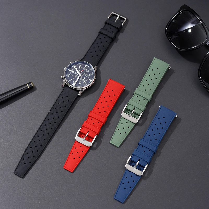 Bracelet De Montre En Silicone Caoutchouc - Boucle Déployante - Couleurs Bleu Et Rouge - Largeurs 18, 20, 22, 24 Mm
