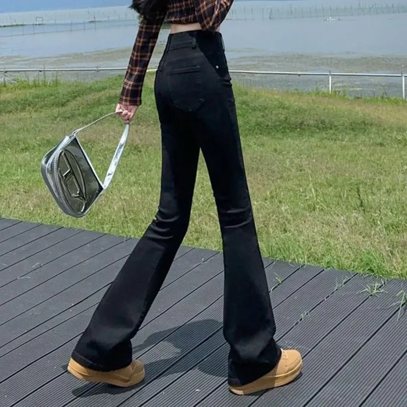 여성용 데님 청바지, 한국 플레어 팬츠, 블랙 스트레치 디자인, 섹시한 하이 퀄리티 코튼, 하이웨이스트 바지, 신상