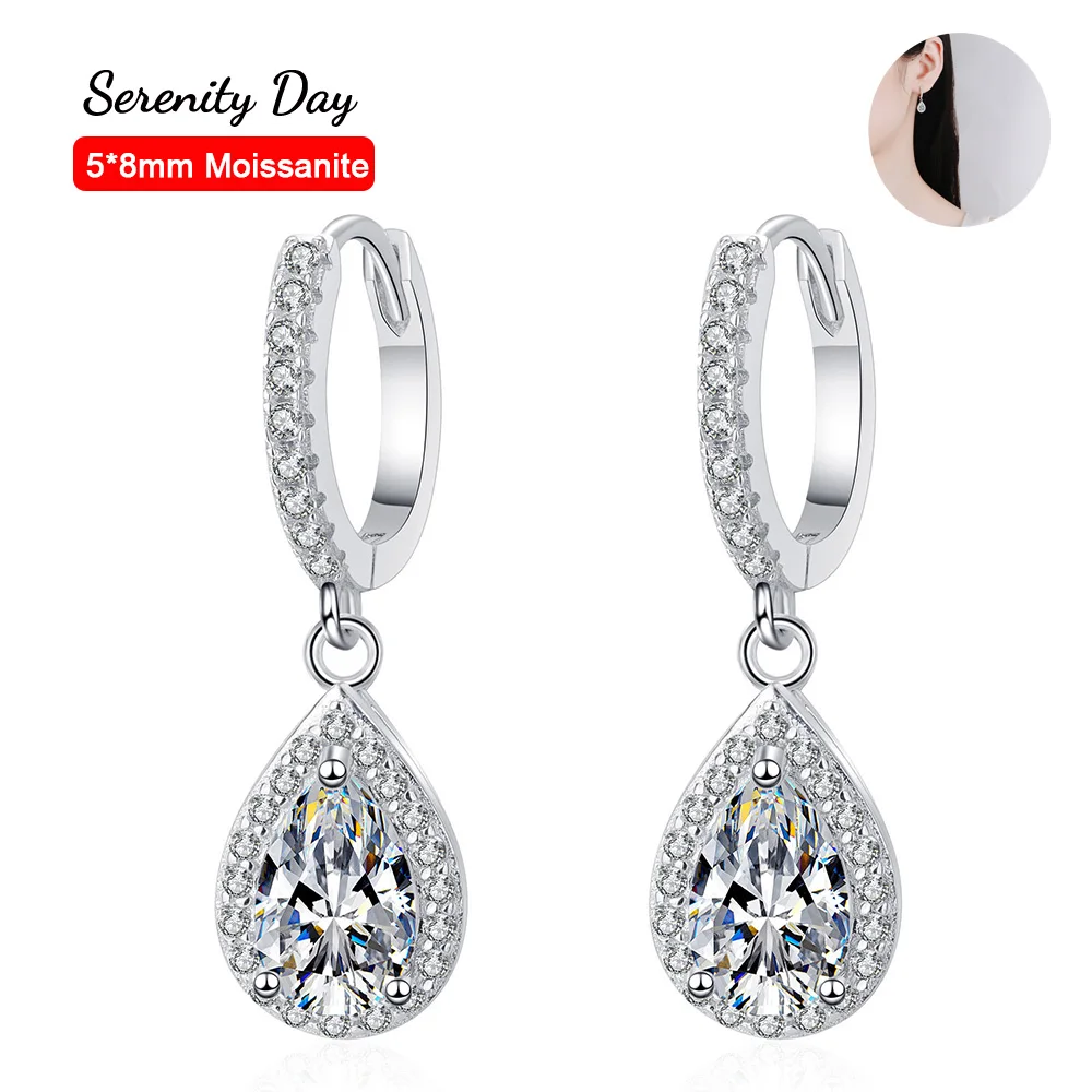 

Serenity Day S925 Sterling Silver Drip-shaped Hoop Ear Plate Pt950 Jewelry D Color 5*8mm Pear Cut Moissanite Earrings For Women