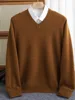 Men 100% Merino Wool Sweater V-Neck Pullover Autumn Winter Cashmere Warm Solid Knitwear Clothes Business Bottoming Soft Tops 1