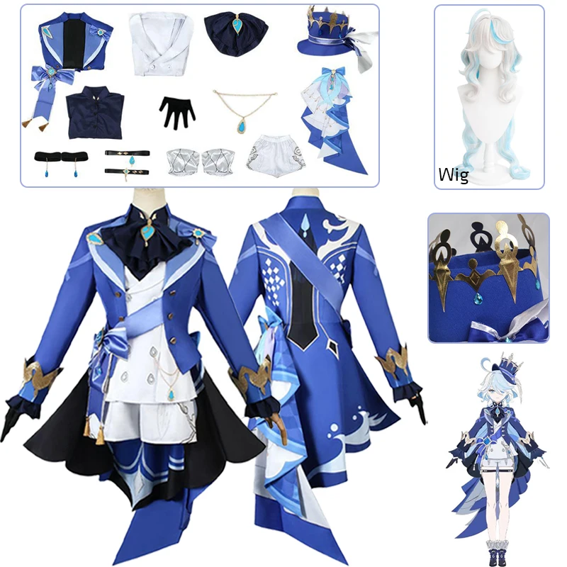 

Genshin Impact Fontaine Character Focalors Cosplay Costume Full Set with Hat Patterned Fabrics Focalors Uniform Cosplay Wig
