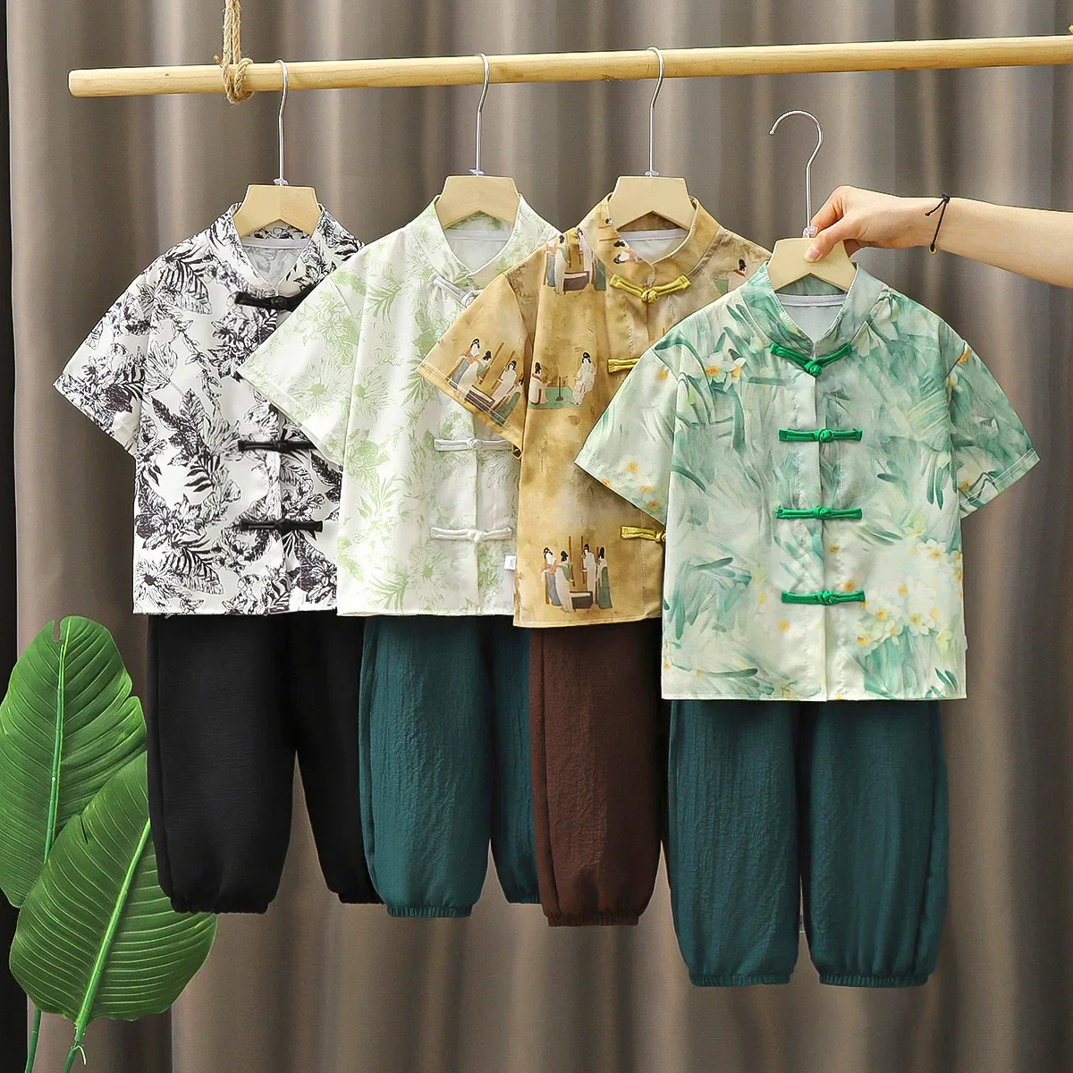 Boys' Chinese Style Set Western-style Summer Short Sleeved Capri Pants Chinese Style Frog Buttoned Printing Hanfu Tang Suit chinese traditional costume