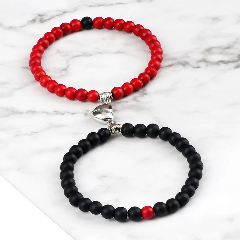 2Pcs/Set Magnetic Bracelet 6mm Ntural Black Lava Stone Beads Heart Pendant Charm Couple Bracelets for Friends Men Women Jewelry beaded bracelet stone bead bracelet natural stone bracelet volcanic stone bracelet