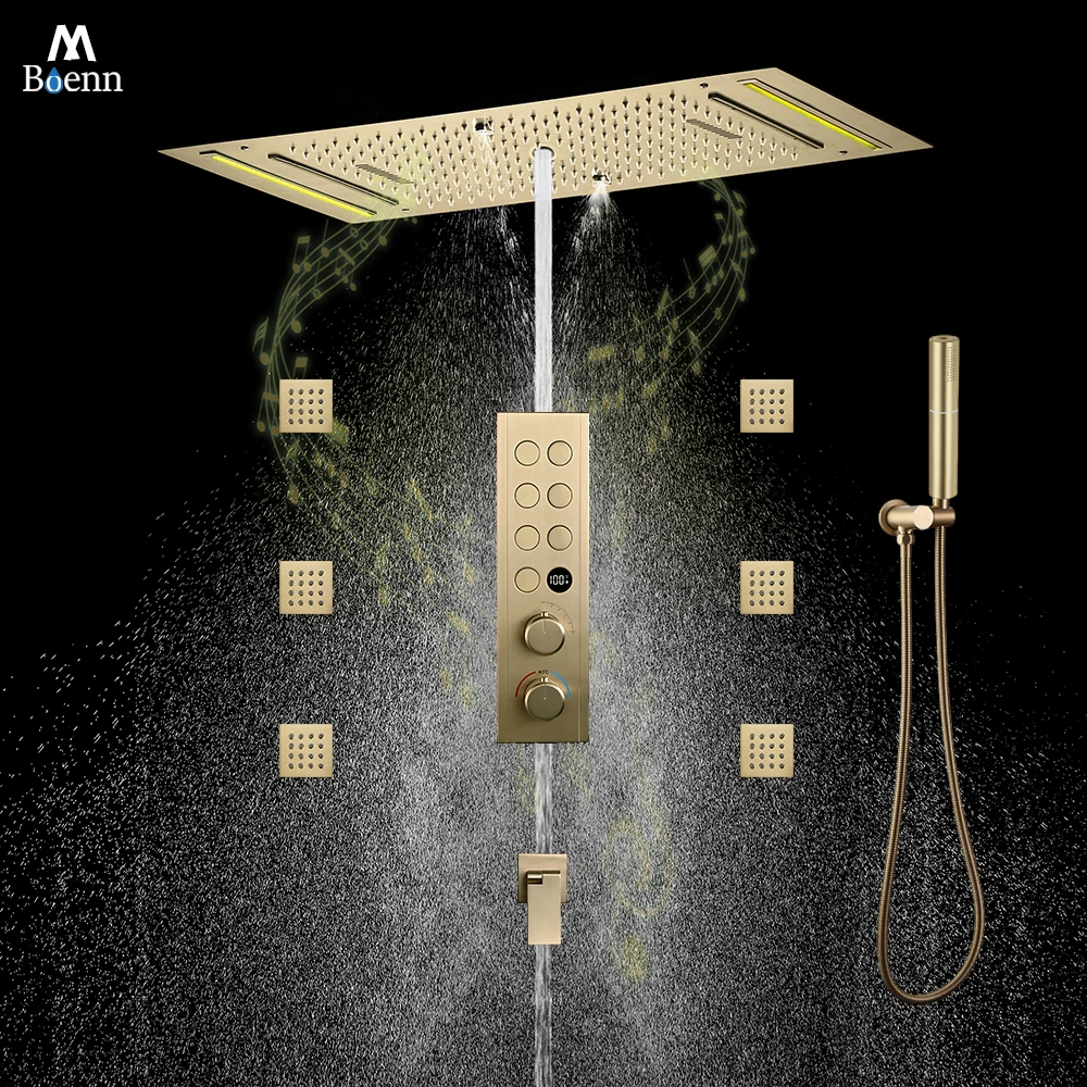 ชุดฝักบัวอัจฉริยะ M Boenn Smart 7 ฟังก์ชั่น พร้อมระบบควบคุมอุณหภูมิ ก๊อกน้ำในห้องน้ำ วัสดุทองเหลือง ฝังไฟ LED พร้อมระบบเสียงเพลง หัวฝักบัวแบบเรนชาวเวอร์ สีดำ 1