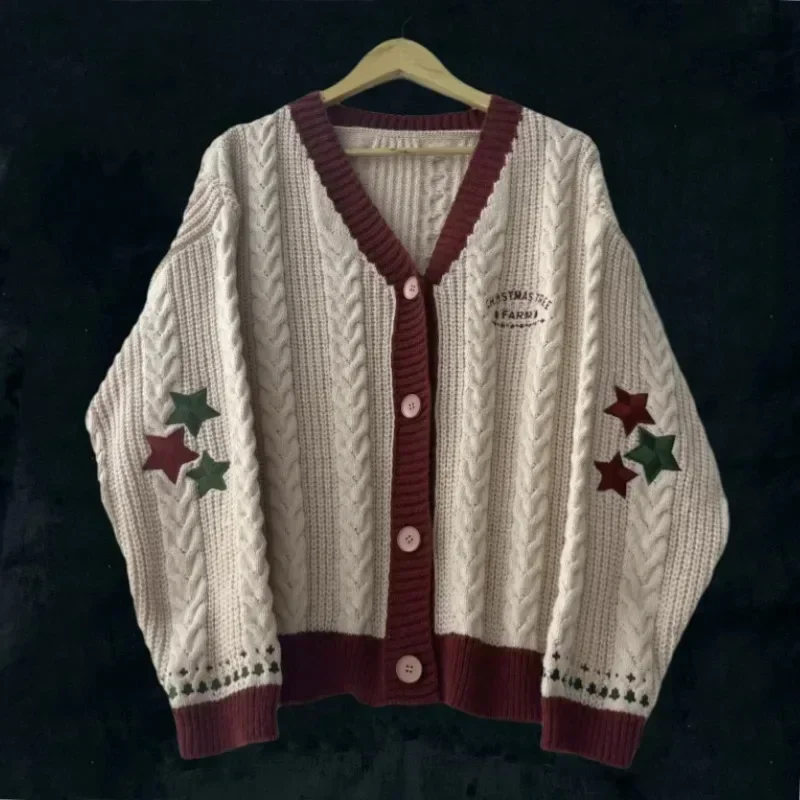 Christmas Tree Women Cardigan Autumn Winter Knitted Cardigans with Star Embroidery Holiday Sweater Folklore Tops Christmas Gift 4