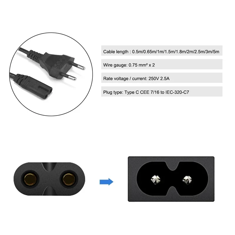 European Power Extension Cord 0.5/1/1.5/2/3/10m IEC C7 EU Plug AC For Sony TCL TV Radio Guitar Pedal Monitor Charger