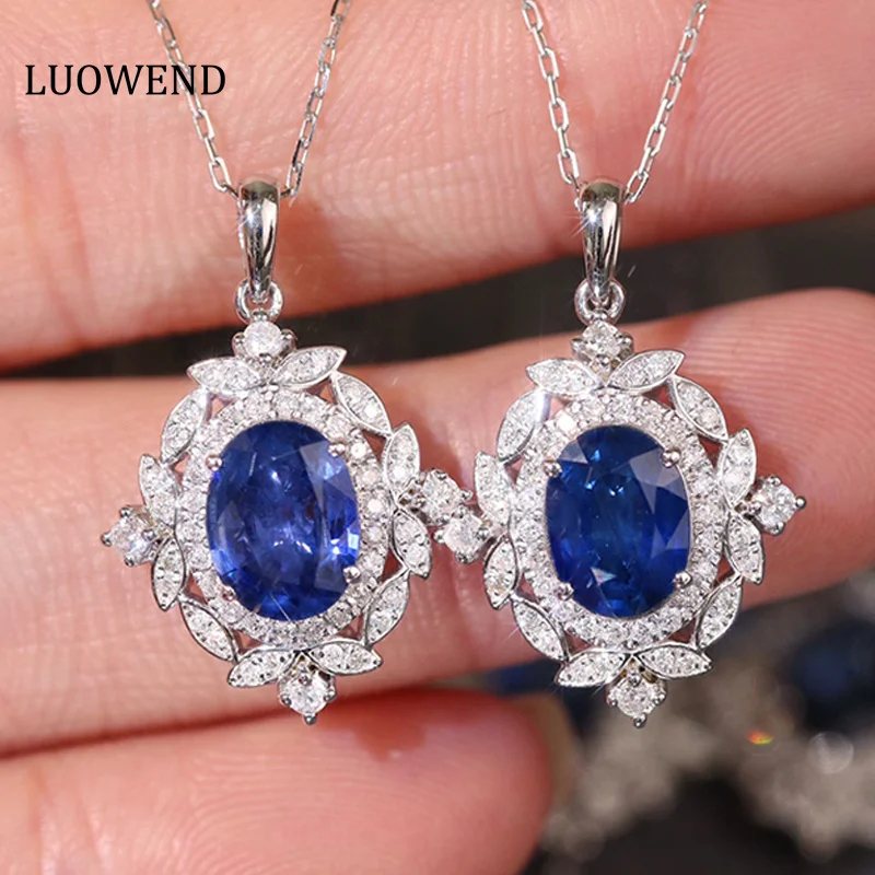 LUOWEND 18K White Gold Pendant Natural  Blue Sapphire Necklace Fashion Design Exquisite Jewelry for Women and Girls Holiday Gift