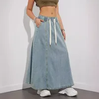 DongCMY Women's Denim Long Skirts Elastic Waist Loose Solid Color High Waist Big Skirt Denim Skirt Women Casual Dress Streetwear - Image 4