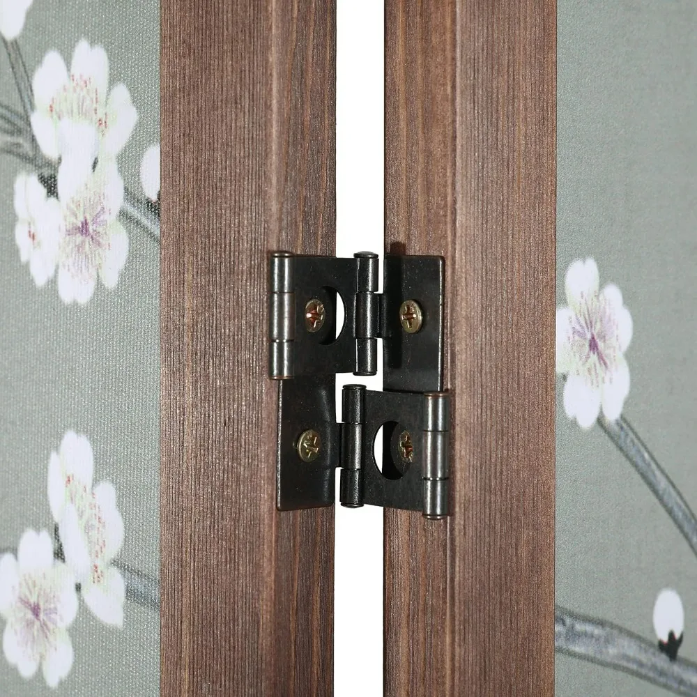 Asian-Inspired Cherry Blossom and Bird Folding Room Divider with Poetry Calligraphy on Brown Wooden Frame