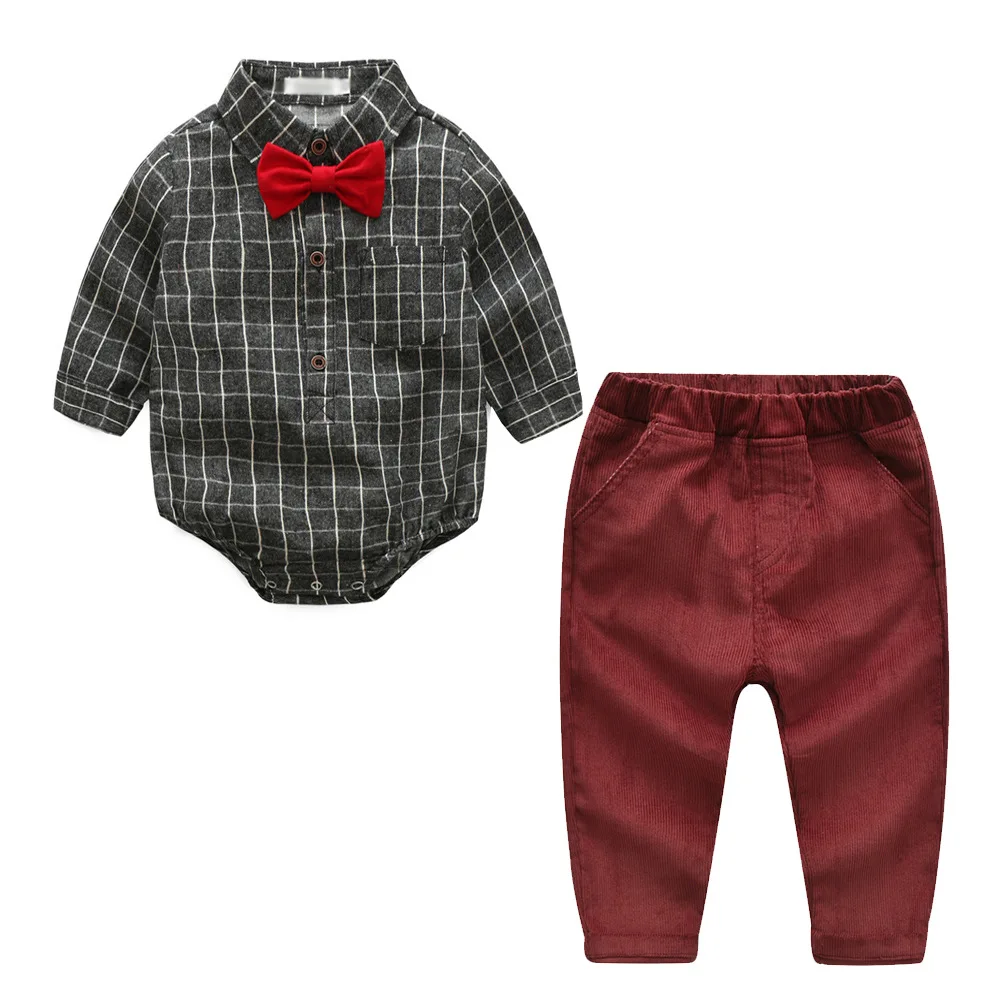 

Boys Clothes Set 2023 New Baby Long Sleeve Plaid Bow Tie Gentleman Shirt Collar Shirt pants 2Pcs Children Clothing Boy Set 6-24M