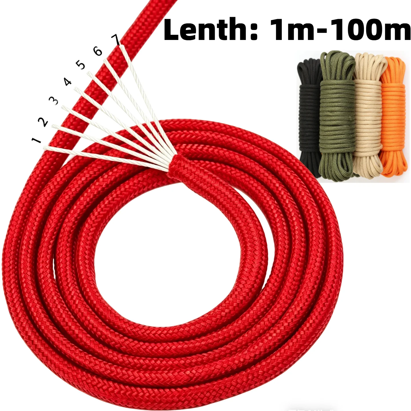 Premium 550 Paracord 7-Strand Outdoor Survival Rope - Military Tactical Camping & DIY Bracelet Cord (1-100m)