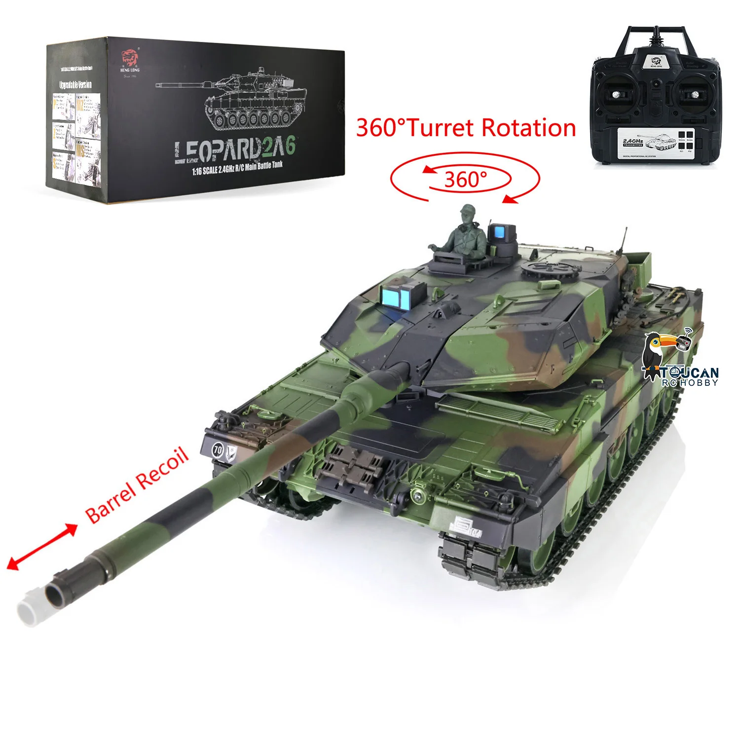 토이즈 헝롱 1/16 7.0 플라스틱 레오파드2A6 RC 탱크 3889 W/ 360 ° 포탑 배럴 리코일 레디 투 런 자동차 모델(남아용) TH17576